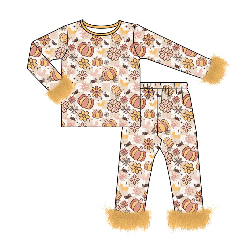Preorder (moq 5)Baby Girls Flowers Spiders Pumpkins Fur Sleeves Top Pants Halloween Pajamas Sets