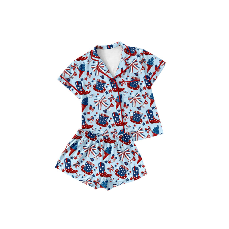 Preorder (moq 5)Baby Girls Blue Short Sleeves Flags Fireworks Button Pocket Top Short Pajamas Set Preorder