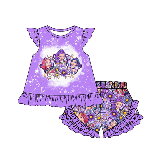 Preorder (moq 5)Baby Girls Flutter Sleeve Demon Hunter Tunic Ruffle Shorts Clothes Set