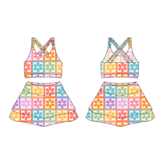 Preorder moq 10 Baby Girls Strap Colorful Flowers Plaid Activity Wear Vests Top Short Skirts Yoga Set