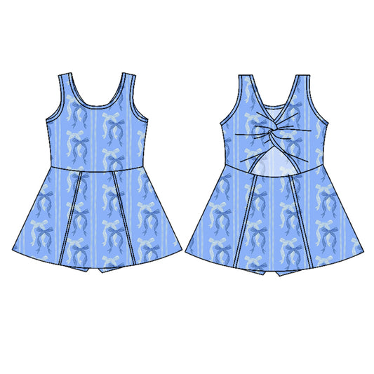 Preorder (moq 5)Baby Girls Hot Blue Sleeveless Bows Stripe Yoga Active Skort Dress