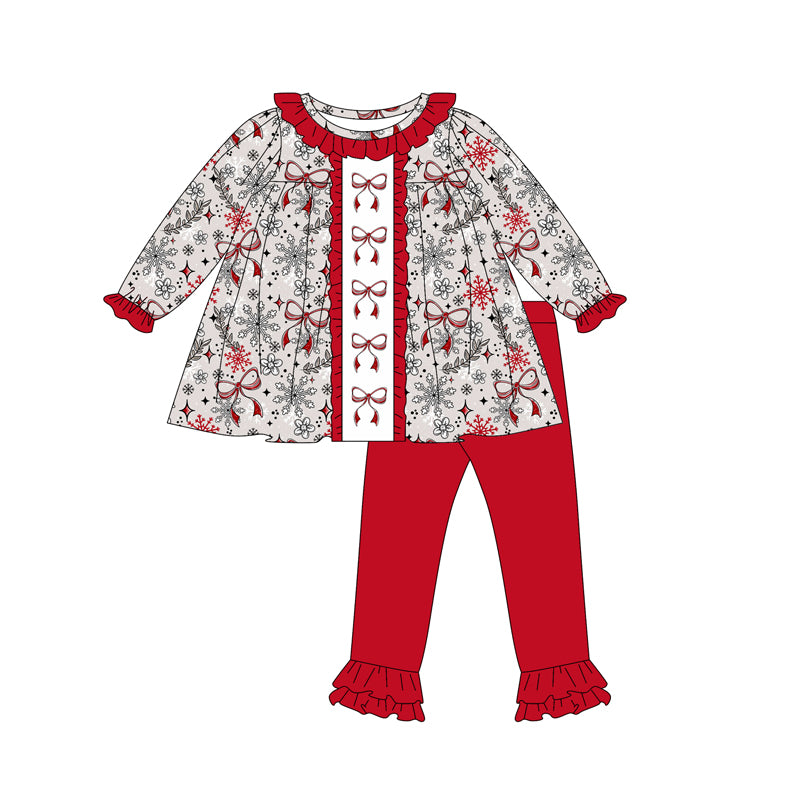 Preorder (moq 5)Baby Girls Long Sleeves Bows Snowflake Tunic Ruffle Pant Clothes Set