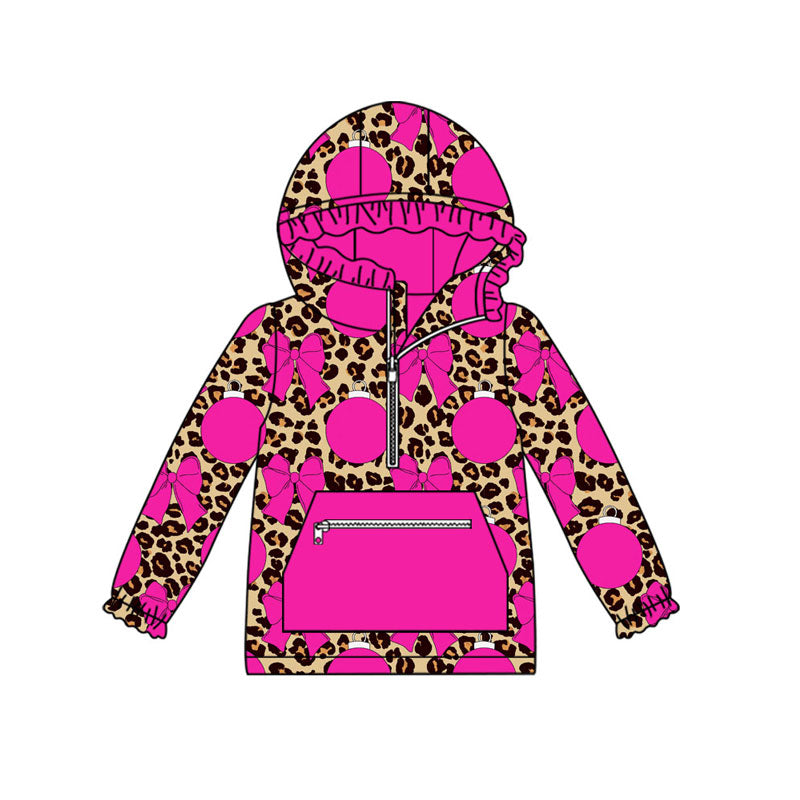 Preorder(moq 5)Baby Girls Hot Pink Bows Leopard Pockets Zipper Hoodie Tops
