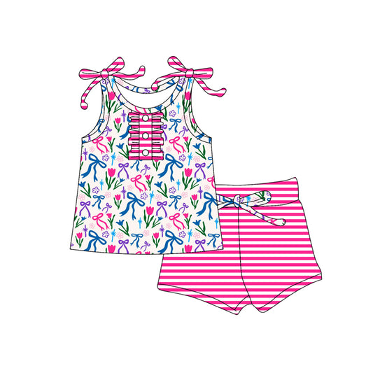 Preorder (moq 5)Baby Girls Pink Strap Button Colorful Bows Flowers Tunic Stripe Short Set