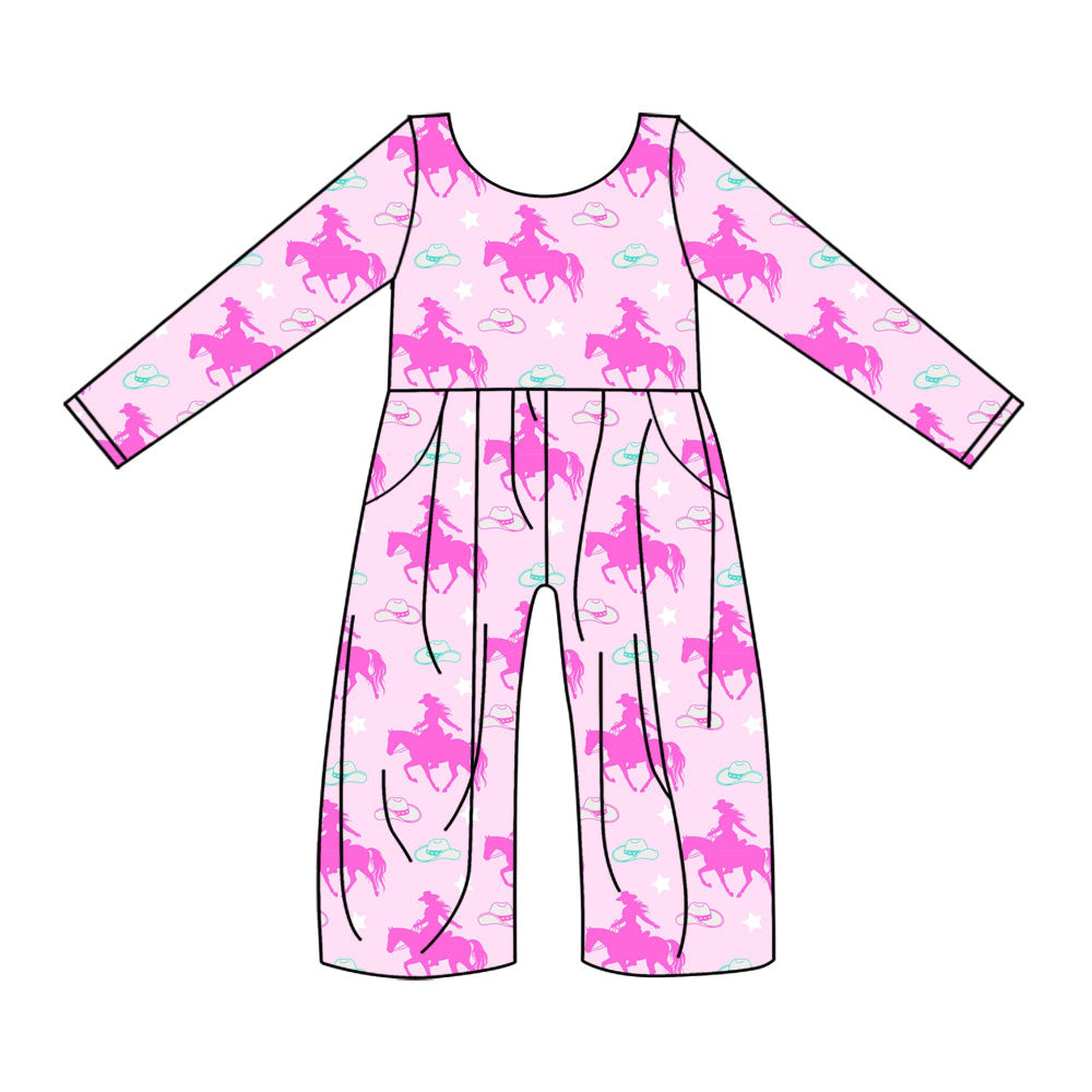 Preorder(moq 8)Baby Girls Pink Horse Rodeos Hats Stars Western Pockets Pant Jumpsuits