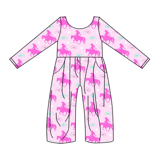 Preorder(moq 8)Baby Girls Pink Horse Rodeos Hats Stars Western Pockets Pant Jumpsuits