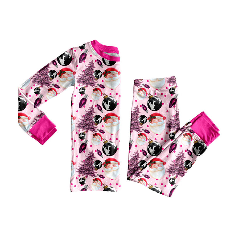 Preorder (moq 20)Baby Girls Bamboo Pink Trees Lights Santa Christmas Pajamas Sets