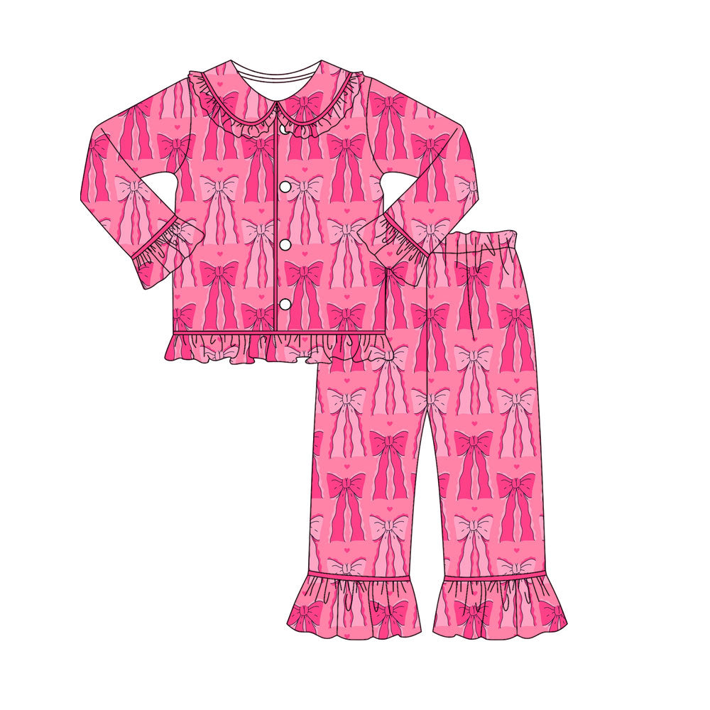 Preorder (moq 5)Baby Girls Pink Hearts Bows Button Top Pants Valentine Pajamas Sets