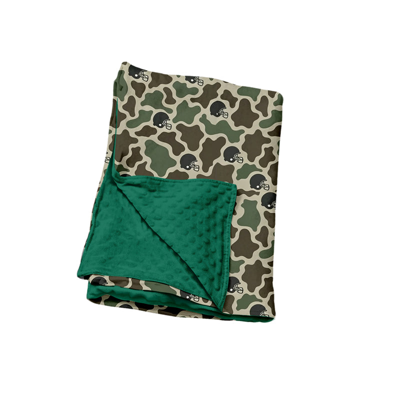 Preorder (moq 5) Baby Blanket Dark Green Camo Football Helmet Print Minky Dot Backing Baby Swaddle Blanket