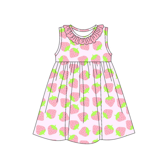 Preorder (moq 5)Baby Girls Sleeveless Polka Dots Strawberry Round Collar Knee Length Dresses
