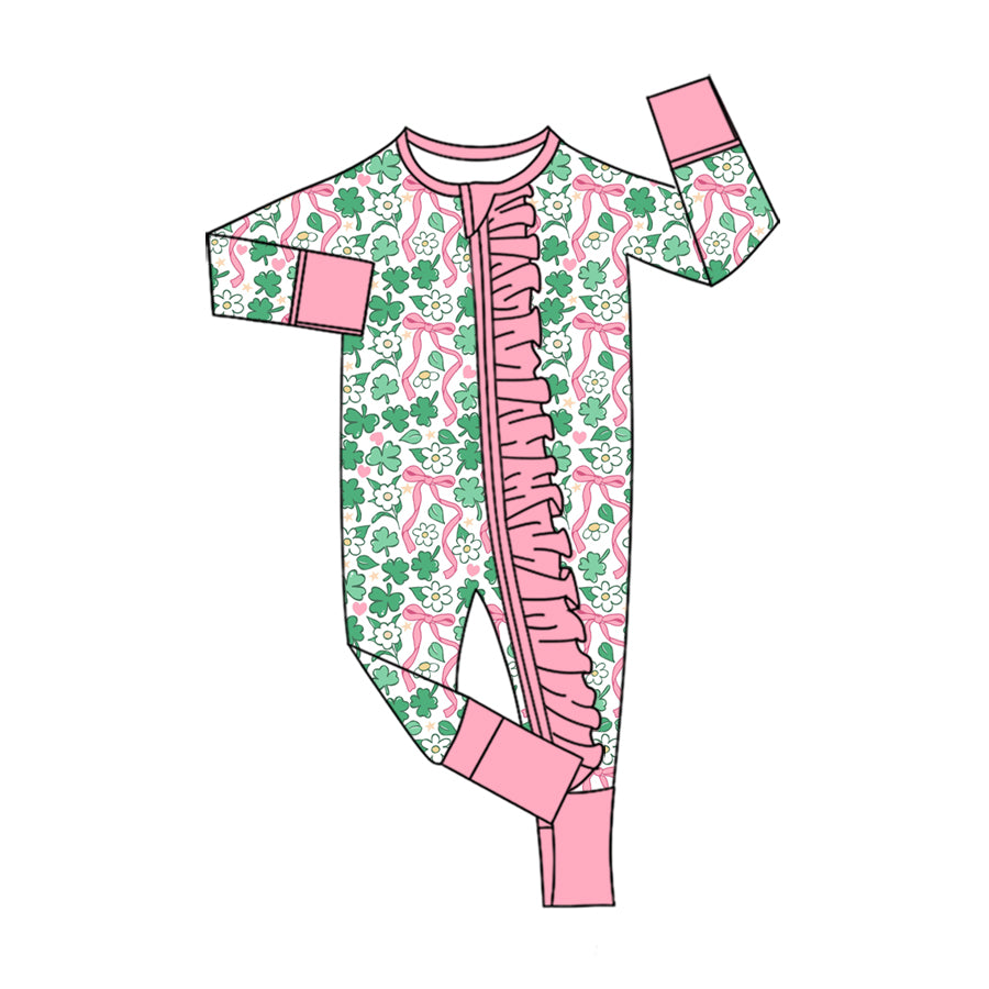 Preorder (moq 5) Baby Girls Clovers Flowers St Patrick Two Way Ruffle Zip Convertible Rompers