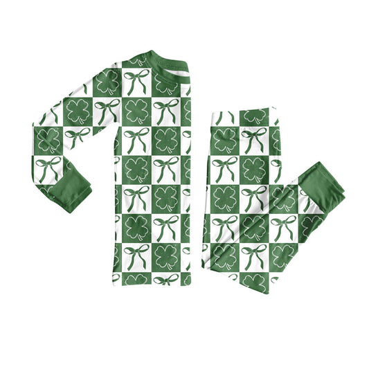Preorder(moq 8)Baby Girls Green Bows Clovers Checked Top Pants st Patrick Pajamas Sets