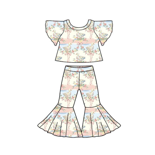 Preorder (moq 5)Baby Girls Bell Sleeve Ducks Bows Flowers Top Bell Bottom Pant Clothes Sets