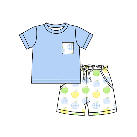 Preorder (moq 5)Baby Boys Blue Short Sleeves Pocket Top Green Apples Short Sets