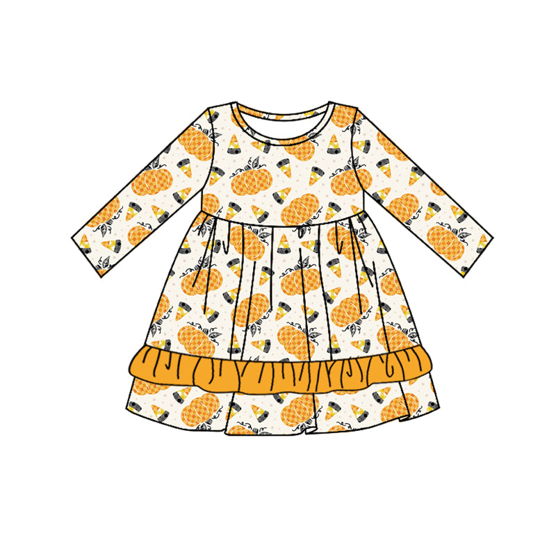 Preorder moq 5 Baby Girls Long Sleeves Yellow Pumpkins Ruffle Knee Length Dresses