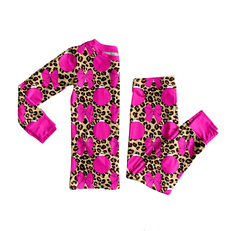 Preorder (moq 5)Baby Girls Hot Pink Bows Plaid Leopard Top Pants Pajamas Clothes Set