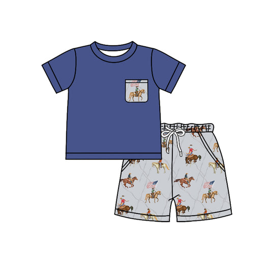 Preorder moq 5 Baby Boys Navy Short Sleeves Pocket Top Horse Rodeos Flag Short 4th Of July Set
