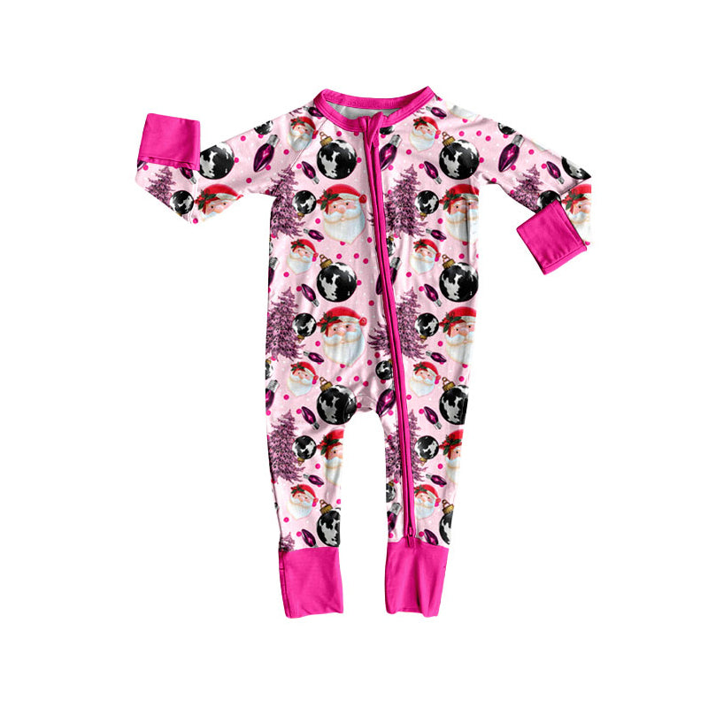 Preorder (moq 20)Baby Girls Bamboo Pink Trees Lights Santa Christmas Zippy Footie Rompers