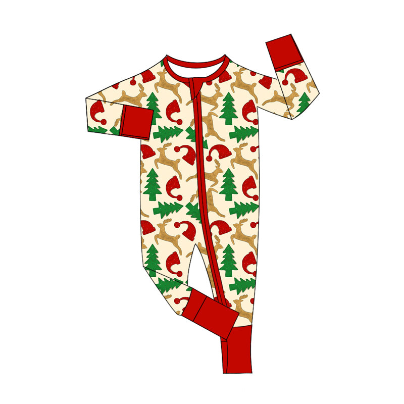 Preorder (moq 5)Baby Kids Long Sleeves Deer Trees Zipper Rompers