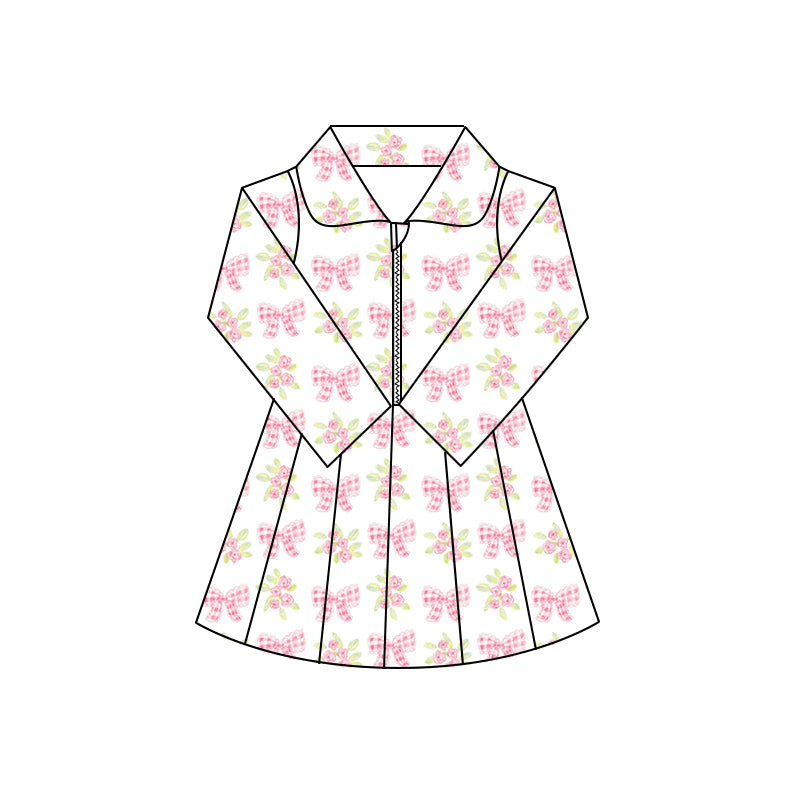 Preorder (moq 5)Baby Girls Long Sleeves Pink Plaid Bows Flowers Zipper Knee Length Dresses