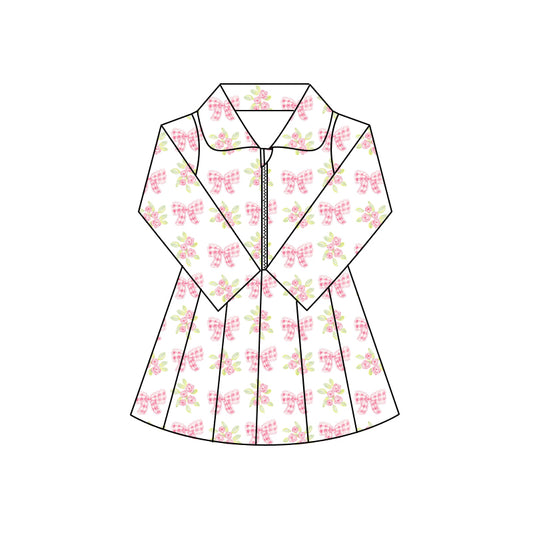 Preorder (moq 5)Baby Girls Long Sleeves Pink Plaid Bows Flowers Zipper Knee Length Dresses