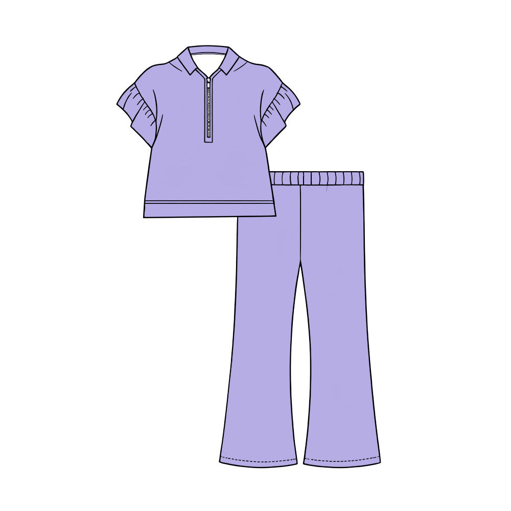 Preorder (moq 5)Baby Girls Purple Short Ruffle Sleeve Zip Pullovers Flare Pants Clothes Sets