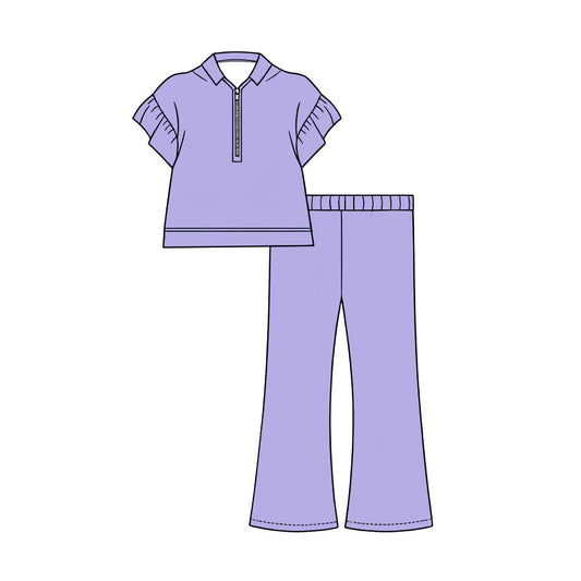 Preorder (moq 5)Baby Girls Purple Short Ruffle Sleeve Zip Pullovers Flare Pants Clothes Sets