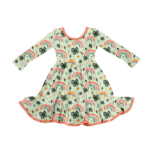 Preorder (moq 5)Baby Girls Clovers Rainbows St Patrick Ruffle Knee Length Dresses