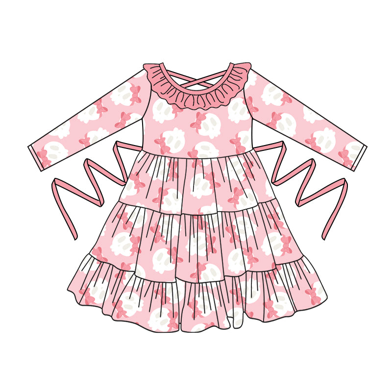 Preorder moq 5 Baby Girls Pink Long Sleeves Bows Ghosts With Belt Ruffle Knee Length Dresses