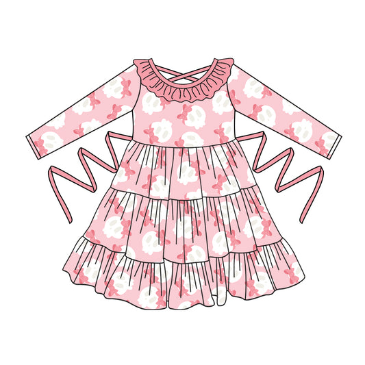 Preorder moq 5 Baby Girls Pink Long Sleeves Bows Ghosts With Belt Ruffle Knee Length Dresses
