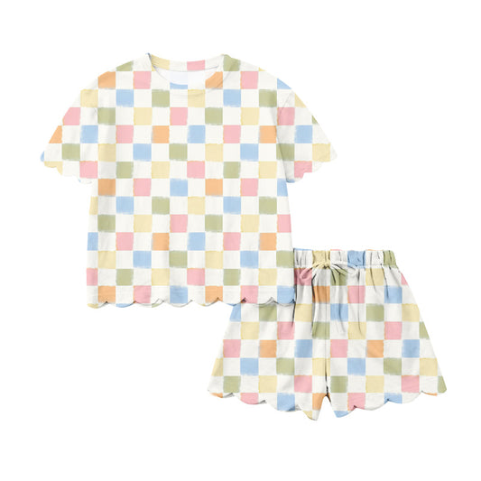 Preorder (moq 5)Baby Girls Short Sleeve Colorful Checked Top Scallop Shorts Clothes Sets