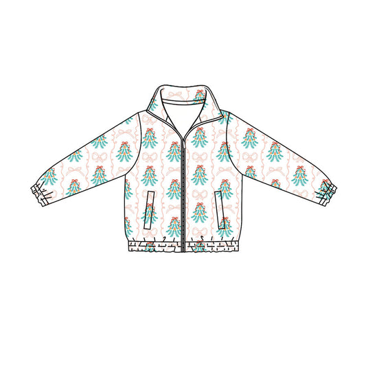 Preorder (moq 5)Baby Girls Bows Holly Christmas Zip Pockets Jackets Top