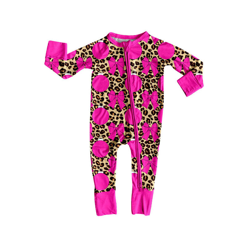 Preorder(moq 5)Baby Girls Hot Pink Bows Leopard Zipper Footie Rompers