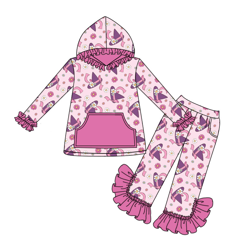 Preorder (moq 5)Baby Girls Hot Pink Long Ruffle Sleeves Magic Hats Flowers Pocket Hoodies Pant Set
