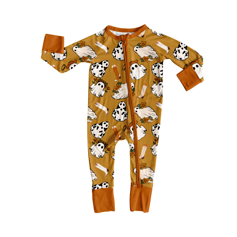Preorder moq 5 Baby Infant Boys Long Sleeves Cow Print Ghost Boots Plaid Zipper Romper