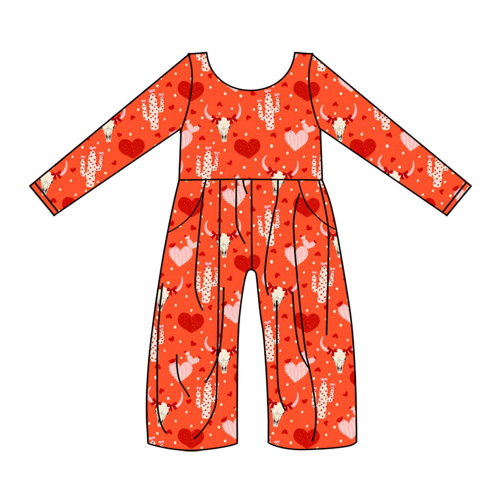Preorder(moq 8)Baby Girls Pink Hearts Bull Skulls Cactus Western Pockets Pant Jumpsuits