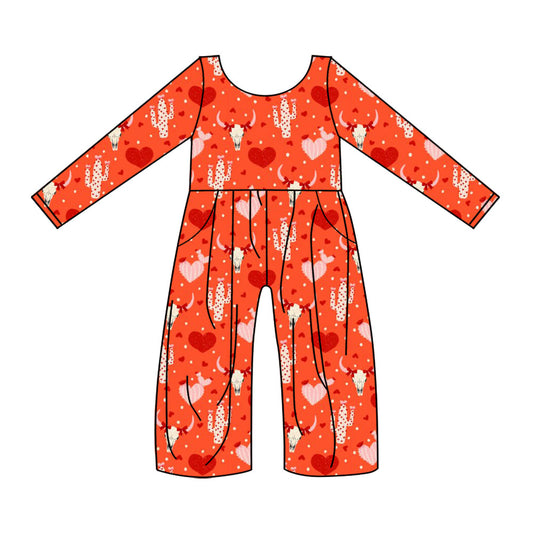 Preorder(moq 8)Baby Girls Pink Hearts Bull Skulls Cactus Western Pockets Pant Jumpsuits