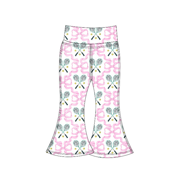 Preorder (moq 5)Baby Girls Pink Bows Tennis Balls Plaid Bell Bottom Pants
