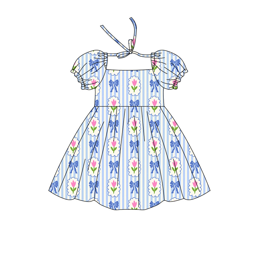 Preorder (moq 5)Baby Girls Short Ruffle Sleeve Flowers Bows Stripe Knee Length Dresses