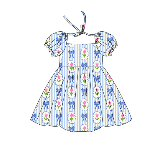 Preorder (moq 5)Baby Girls Short Ruffle Sleeve Flowers Bows Stripe Knee Length Dresses