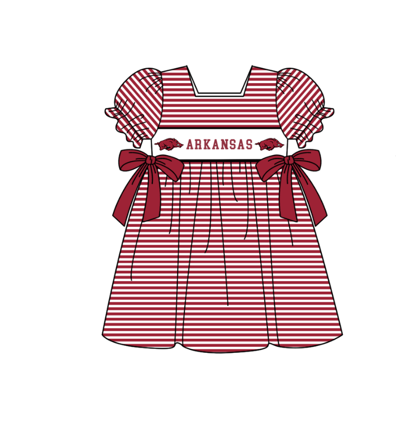 Preorder (moq 5)Baby Girls Red Short Ruffle Sleeve Arkansas Stripe Team Knee Length Dress