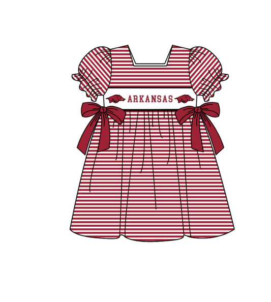 Preorder (moq 5)Baby Girls Red Short Ruffle Sleeve Arkansas Stripe Team Knee Length Dress