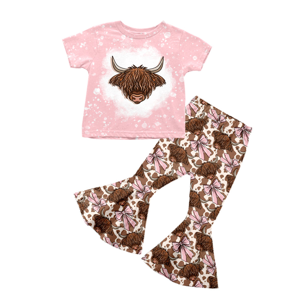 Preorder (moq 5)Baby Girls Pink Highland Cow Shirt Bows Bell Pants Clothes Sets