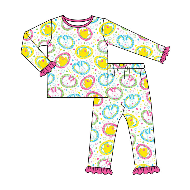 Preorder (moq 5) Baby Girl Clothes Easter Bunny Chick Circle Print Long Sleeve Ruffle Cuff Top Ruffle Pant Pajama Set