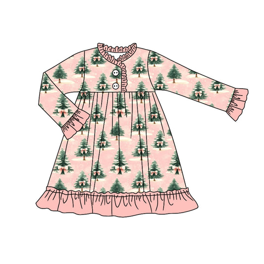 Preorder (moq 5)Baby Girls Long Ruffle Sleeves Christmas Trees Button Knee Length Dresses