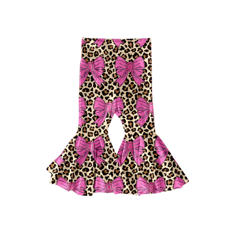 Preorder(moq 5) Baby Girls Pink Turquoise Bows Leopard Western Ruffle Bell Bottom Pants