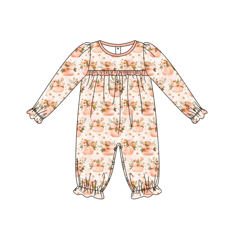 Preorder (moq 5)Baby Girls Long Sleeves Peach Flower Pumpkins Ruffle Pant Rompers