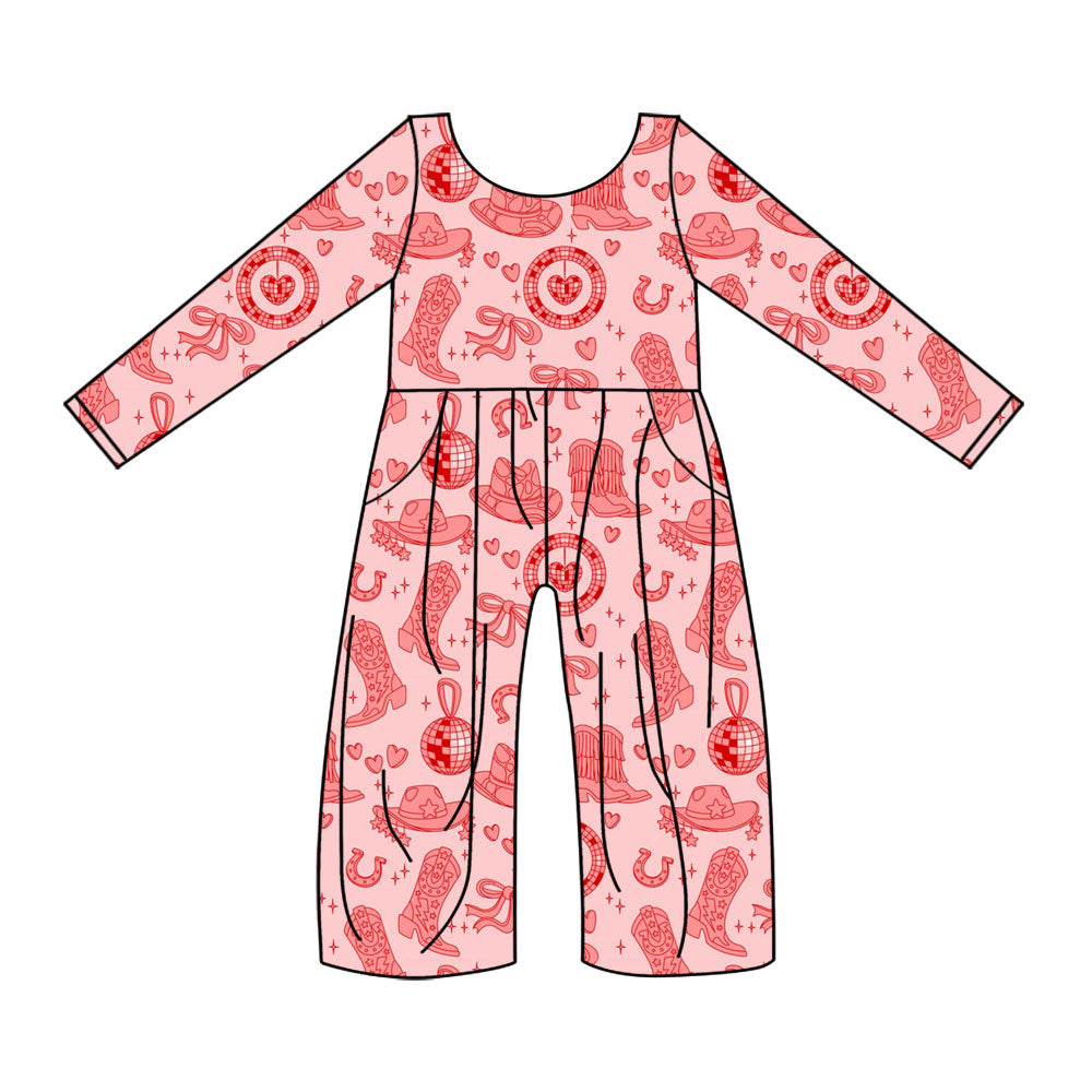 Preorder(moq 8)Baby Girls Pink Hearts Boots Hats Western Pockets Pant Jumpsuits