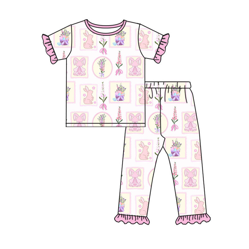 Preorder (moq 5)Baby Girls Flowers Rabbits Checked Top Ruffle Pants Easter Pajamas Sets