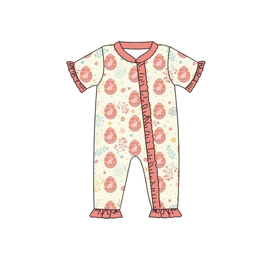 Preorder moq 5 Baby Girls’ Easter Orange Bunny Bow Ruffle Zip-Up Romper, Festive Holiday Outfit